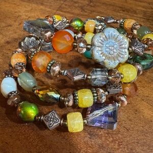 Handmade Czech Glass, Gemstone, and Crystal Memory Wire Bracelet